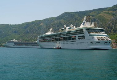 KOTOR, MONTENEGRO, 6 Temmuz 2019: Royal Caribbean International, Kotor Körfezi, Adriyatik Denizi, Karadağ tarafından işletilen Vizyon sınıfı yolcu gemisi