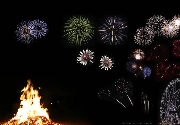 Bonfire and fireworks — Stock Photo, Image