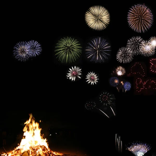 Fireworks Composite Bonfire Isolated Black Background — Stock Photo, Image