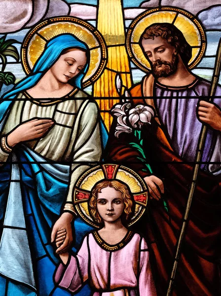 Szent család, ólomüveg ablak — Stock Fotó