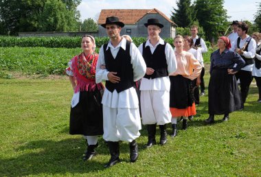 Köylüler, şarkı ve dans ve iyi yemek Nedelisce, Hırvatistan montaj geleneksel hasat başlar