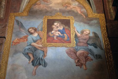 Bebek İsa Azizler ve melekler çevrili ile Meryem Ana