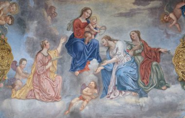 Bebek İsa Azizler ve melekler çevrili ile Meryem Ana
