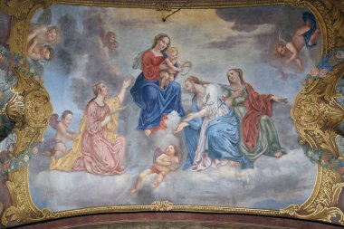 Bebek İsa Azizler ve melekler çevrili ile Meryem Ana