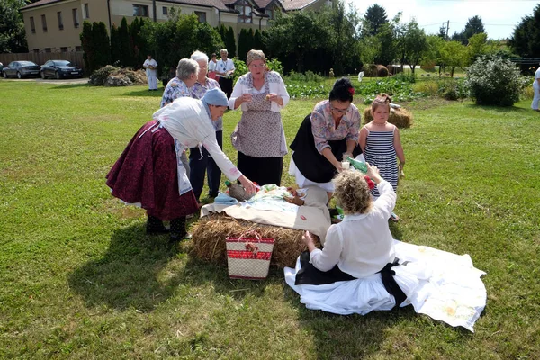 La récolte commence traditionnellement à rassembler les villageois, chantant et dansant et de la bonne nourriture à Nedelisce, en Croatie — Photo