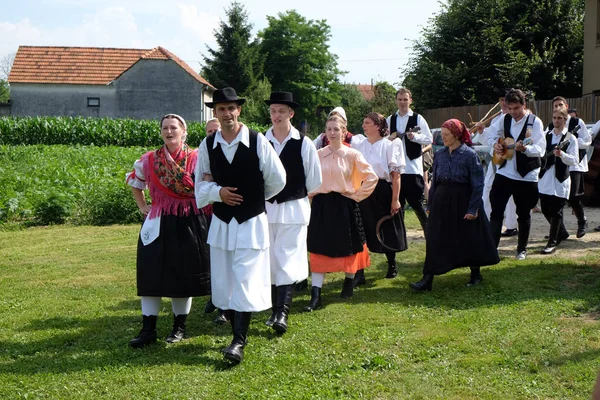 La vendemmia inizia tradizionalmente assemblando paesani, cantando e ballando e buona cucina a Nedelisce, Croazia — Foto Stock