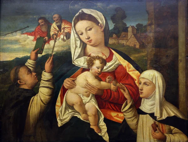 Filippo da Verona: Madonnan och barnet med St... Dominic och Katarina av Siena — Stockfoto