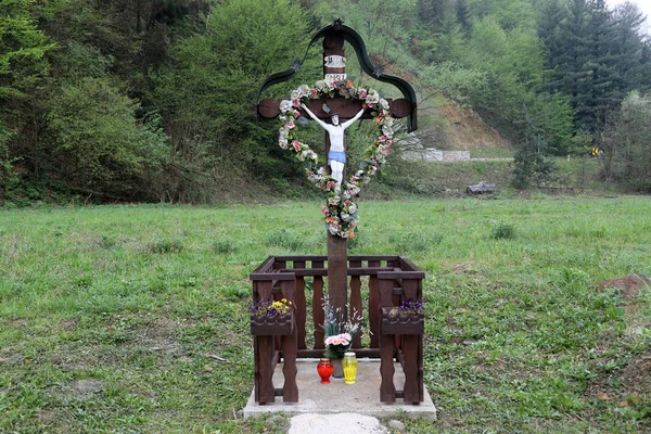 Crucifixo Roadside Região Zagorje Croácia — Fotografia de Stock