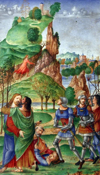 Matteo da Milano: miniatures from the breviary of Alfonso I d'Este: Judas kiss — Stock Photo, Image