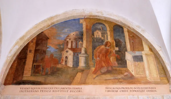 Freski ze scenami z życia świętego Franciszka z Asyżu, krużganek klasztoru franciszkanów w Dubrownik — Zdjęcie stockowe