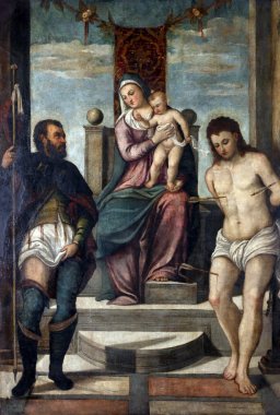 Tiziano Vecellio takipçisi: Madonna ve çocuk St. Roch ve St. Sebastian, büyük ustaların Rönesans Hırvatistan, sergilenen ile tahta üzerinde 12 Aralık 2011 açıldı. Zagreb, Hırvatistan