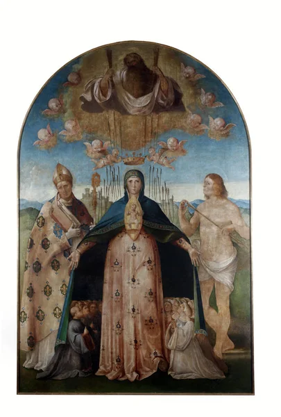 ベネデット ダイアナ セントルイスのトゥールーズのキリスト教徒のマドンナ ヘルプと聖セバスチャンは クロアチア スプリト Poljud のフランシスコ会の教会の祭壇画 — ストック写真