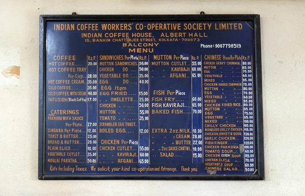 Tablica Oferty Indian Coffee House Kalkuta Luty 2016 Hotelowa Kawiarnia — Zdjęcie stockowe