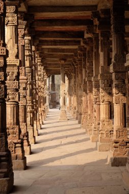 Quwwat-Ul-Islam Camii, Qutab Minar karmaşık, Delhi, Hindistan avluda oyma taş sütunlar