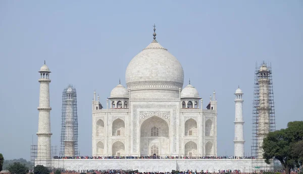 Taj Mahal Koruna Paláce Bílý Mramor Mauzoleum Jižním Břehu Řeky — Stock fotografie