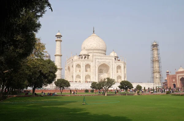Taj Mahal Crown Palaces Ivory White Marble Mausoleum South Bank — Stock Photo, Image