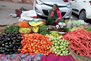 Jaipur, Rajasthan, Hindistan üzerinde 16 Şubat 2016 yılında yolun yan tarafından meyve ve sebze satan parlak renkli saris Hintli kadınlar.