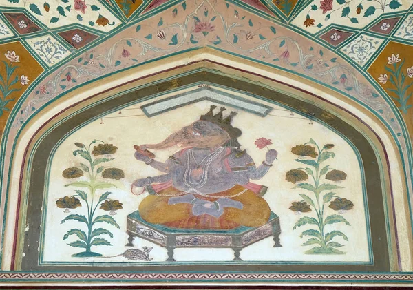 Hermoso Adorno Pared Del Palacio Amber Fort Jaipur Rajastán India — Foto de Stock