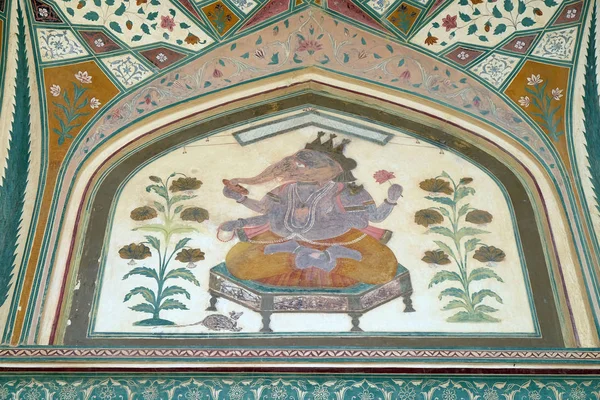 Hermoso Adorno Pared Del Palacio Amber Fort Jaipur Rajastán India — Foto de Stock