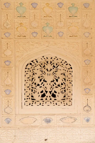 Belo Ornamento Parede Palácio Amber Fort Jaipur Rajasthan Índia Fevereiro — Fotografia de Stock