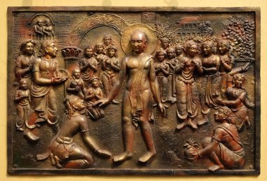 Bhagavan Mahaviras waling tur hoş ve acı dikkat dağıtıcı, Jain (Parshwanath Tapınağı olarak da bilinir) tapınakta Kalküta, Batı Bengal, Hindistan duvar sokak rahatlama ile kuşatılmış.