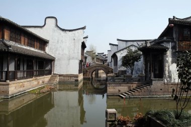 Grand Canal, Jiaxing, Zhejiang Eyaleti, Çin antik Jieyang şehir boyunca geleneksel evleri.