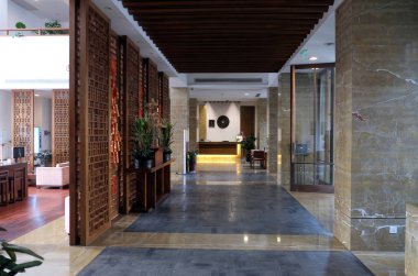 Otel lobi iç Jieyang otel, Nanhu Qu, Jiaxing Shi, Zhejiang Sheng, üzerinde 21 Şubat 2016 Jiaxing, Çin.