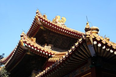 Döşenmiş çatı ve cephe Çinli bir desen ile dekore edilmiştir. Sarayda yasak şehir, Beijing, Çin.