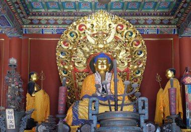 Blue Buddha sunak teklifleri Yonghe Gong Budist Lama Tapınağı. 1694 yılında inşa edilmiş, Pekin, Çin için en büyük Budist Tapınağı Yonghe Gong olduğunu.