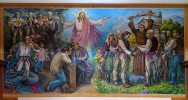 Mihrabını Arnavutça kaderi gösterir insanlar Vau katedralde Rahibe Teresa İsa Mesih'e ben Dejes, Arnavutluk.