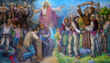 Mihrabını Arnavutça kaderi gösterir insanlar Vau katedralde Rahibe Teresa İsa Mesih'e ben Dejes, Arnavutluk.