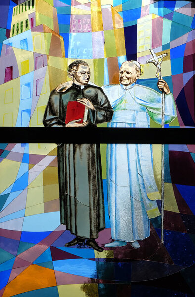 Pope John Paul II, stained glass window in St Paul's Cathedral in Tirana, Albania.