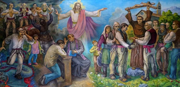 Altarpiece Shows Faith Albanian People Jesus Christ Mother Teresa Cathedral — Stock Photo, Image