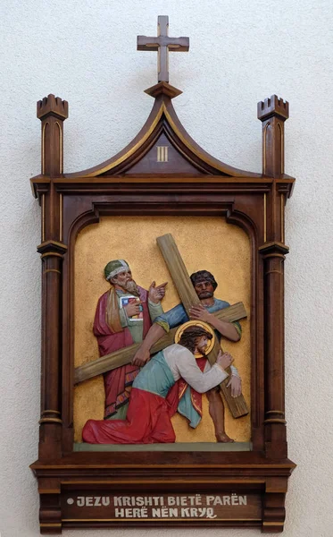 3Rd Stations Cross Jesus Falls First Time Mother Teresa Cathedral — Stock Photo, Image