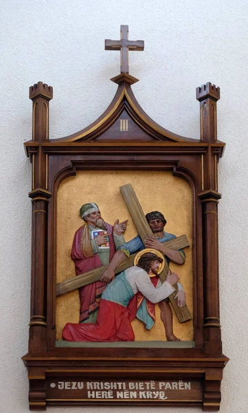 Staties Van Kruisweg Jezus Valt Eerste Keer Kathedraal Van Moeder — Stockfoto