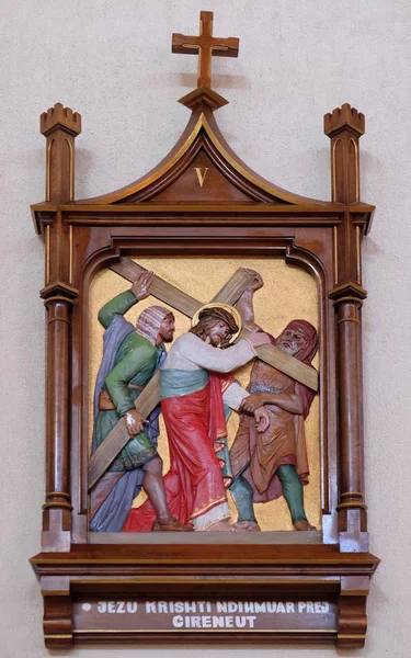 Stationer Korset Simon Från Kyrene Bär Cross Moder Teresa Katedralen — Stockfoto