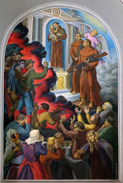 Frescoes Depict Persecution Religion Socialist Albania Stephen Cathedral Shkoder Albania — Stock Photo, Image