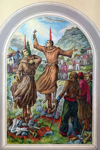 Freskók Hogy Ábrázolják Vallás Üldözését Szocialista Albánia Szent István Székesegyház — Stock Fotó