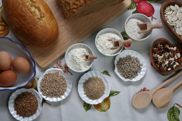 Ingredienti Pane Integrale Sano Farina Integrale Germe Grano Uova — Foto Stock