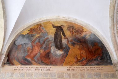 St Francis Assisi, Friars küçük Dubrovnik, Hırvatistan Fransisken manastır manastır hayatından sahneler fresklerle.