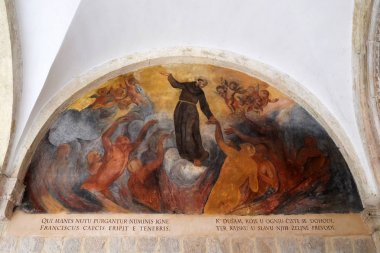 St Francis Assisi, Friars küçük Dubrovnik, Hırvatistan Fransisken manastır manastır hayatından sahneler fresklerle.