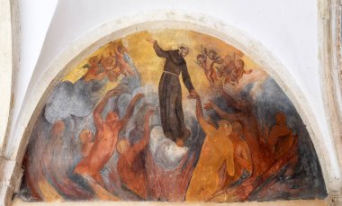 St Francis Assisi, Friars küçük Dubrovnik, Hırvatistan Fransisken manastır manastır hayatından sahneler fresklerle.