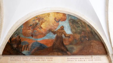 St Francis Assisi, Friars küçük Dubrovnik, Hırvatistan Fransisken manastır manastır hayatından sahneler fresklerle.