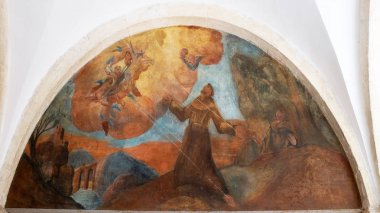 St Francis Assisi, Friars küçük Dubrovnik, Hırvatistan Fransisken manastır manastır hayatından sahneler fresklerle.