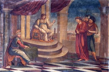 1 istasyonları haç, İsa'nın ölüme mahkum olduğunu, Pontius Pilatus Dobruca Fransisken Kilisesi fresk, ellerini yıkar.