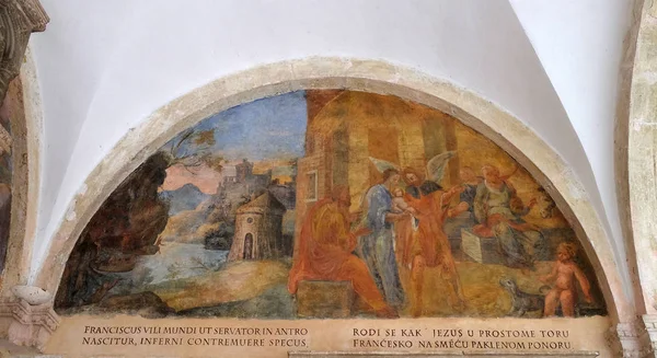 St Francis Assisi, Friars küçük Dubrovnik, Hırvatistan Fransisken manastır manastır hayatından sahneler fresklerle.