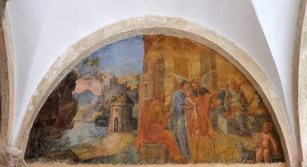 壁画的圣方济各 方济各会修道院的济在克罗地亚杜布罗夫尼克的回廊的生活场景 — 图库照片