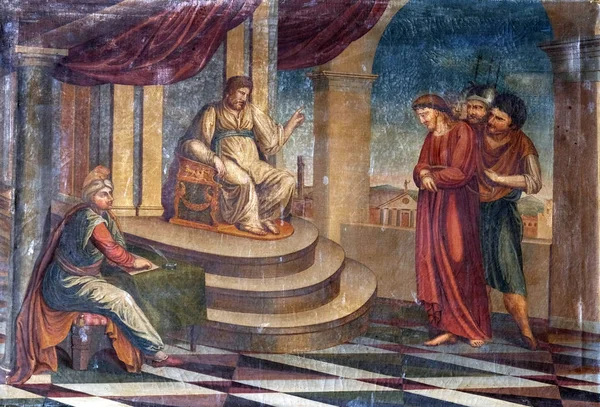 Křížová Ježíš Odsouzen Smrti Pontský Pilát Myje Ruce Freska Františkánském — Stock fotografie