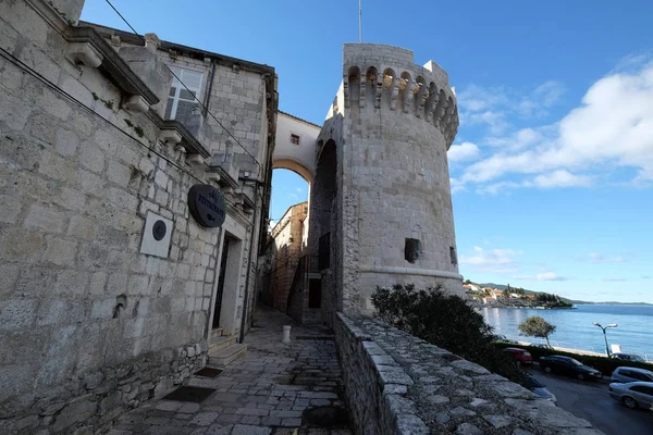 Una Las Torres Antigua Muralla Ciudad Histórica Korcula Isla Korcula —  Fotos de Stock