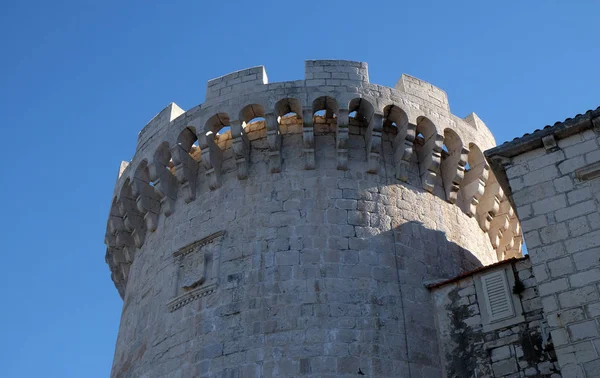 Jedna Věží Starých Městských Hradeb Historického Města Korčula Ostrově Korčula — Stock fotografie